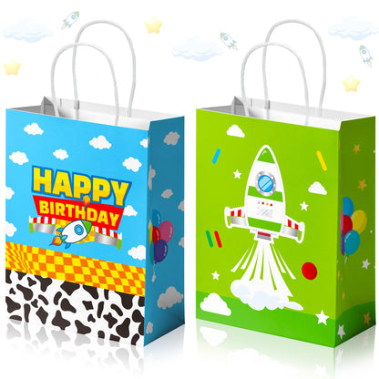 CHENRINDECO Cartoon Story Gift Bags 24PCS Cow Pattern Birthday Party Favor Bags Blue Sky White Cloud Paper Bags with Handle for Cartoon Story Themed Birthday Party Supplies