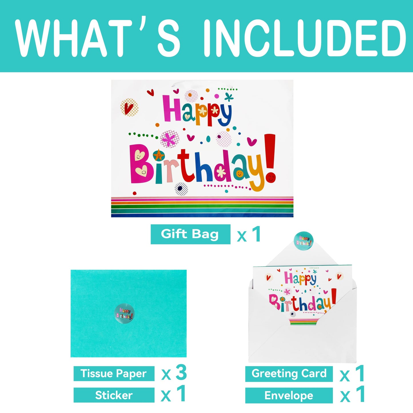 Qirrmiy 16.5” Extra Large Gift Bag Set with Greeting Card and Green Tissue Paper(Cute ‘Happy Birthday’) for Baby,Kids Birthday Party,Men and Women, Newborn,New Moms or Parents, and More