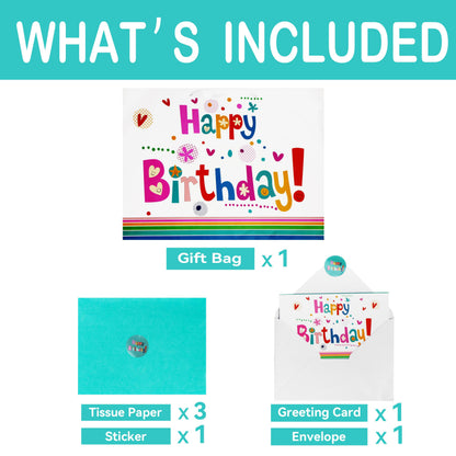 Qirrmiy 16.5” Extra Large Gift Bag Set with Greeting Card and Green Tissue Paper(Cute ‘Happy Birthday’) for Baby,Kids Birthday Party,Men and Women, Newborn,New Moms or Parents, and More