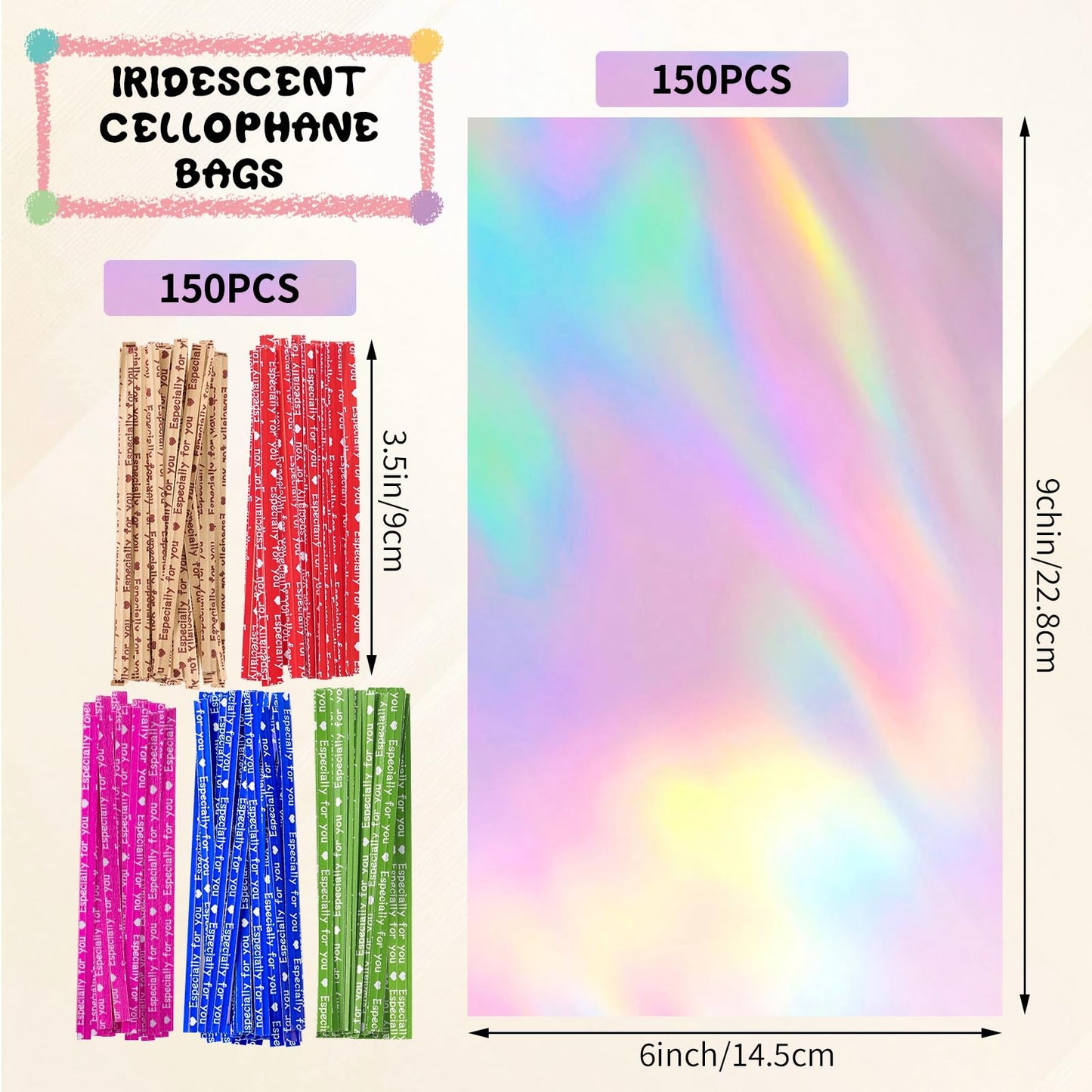 woric 150 PCS Iridescent Cellophane Treat Bags with Ties 6x9 Inch Clear Party Favor Bags Holographic Goodie Bag for Candy Baby Showers Mother's Day Weddings Birthday Party Favors