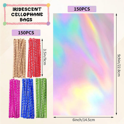 woric 150 PCS Iridescent Cellophane Treat Bags with Ties 6x9 Inch Clear Party Favor Bags Holographic Goodie Bag for Candy Baby Showers Mother's Day Weddings Birthday Party Favors