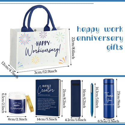 Thenshop 6 Pcs Happy Workiversary Gifts Set for Men Women Employee Appreciation Gifts Include Tumbler Leather Notebook Pen Tote Bag Scented Candle for Office Coworker Employee (Blue)