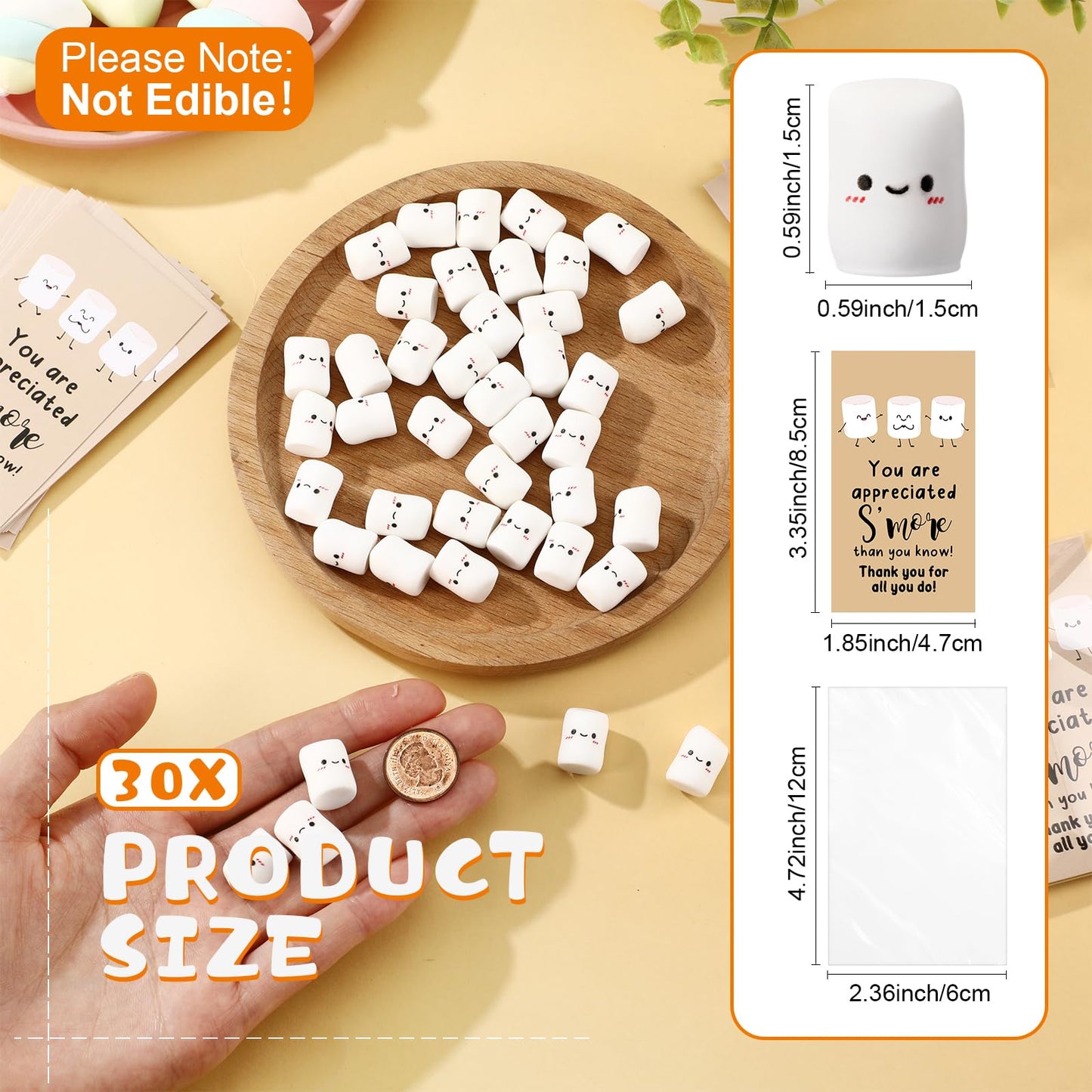 CroBlissful 30 Sets Inspirational Small Gifts Bulk Funny Cute Small Resin Marshmallow Smores with Thank You Card Appreciation Gifts for Office Teacher Coworker Staff Nurse Stress Fidget Toy