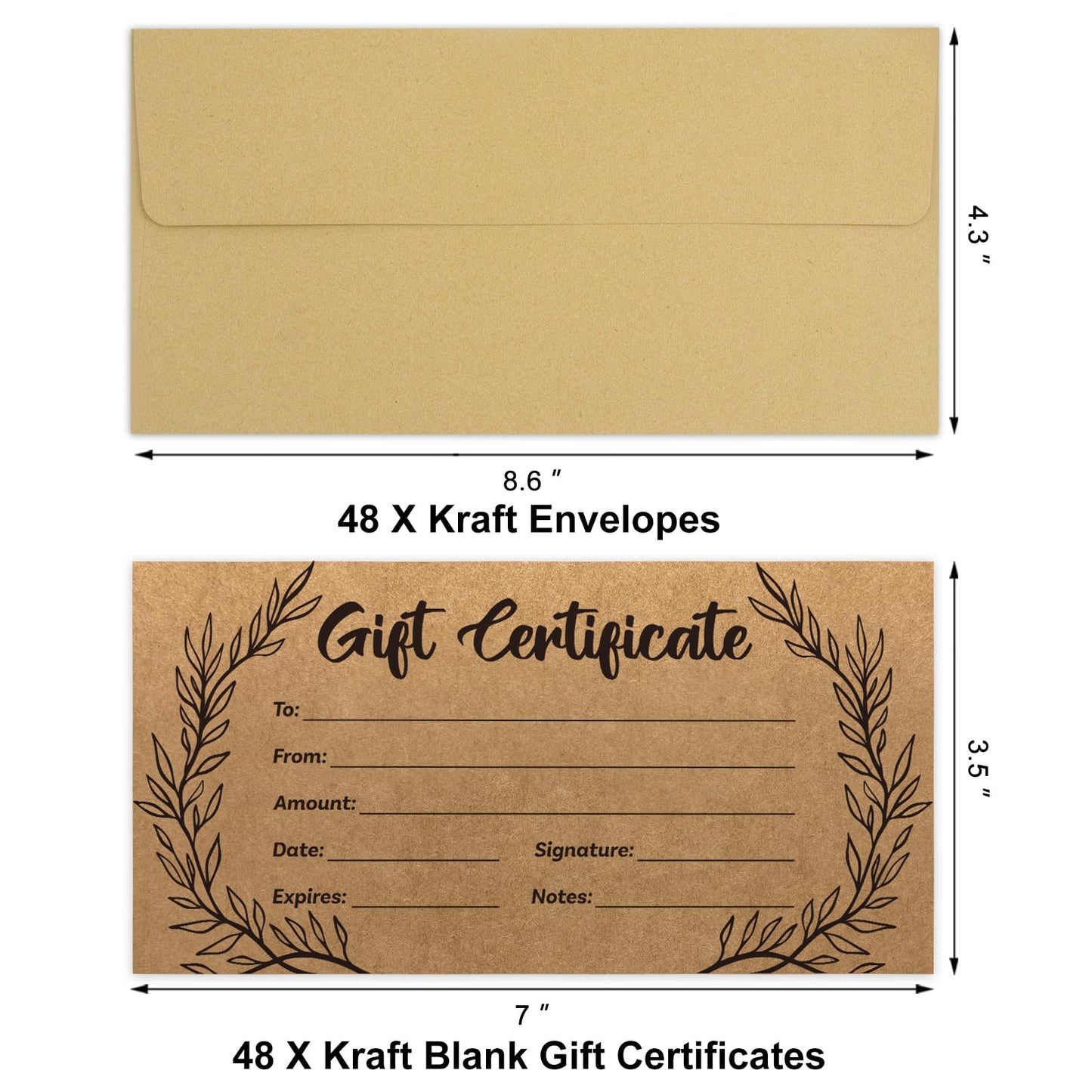 48 Pcs Blank Gift Certificates Kraft Certificate Cards with 48 Pcs Envelopes for Business Salon Restaurants Spa Christmas Birthday, 3.5 x 7