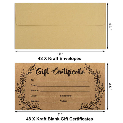 48 Pcs Blank Gift Certificates Kraft Certificate Cards with 48 Pcs Envelopes for Business Salon Restaurants Spa Christmas Birthday, 3.5 x 7