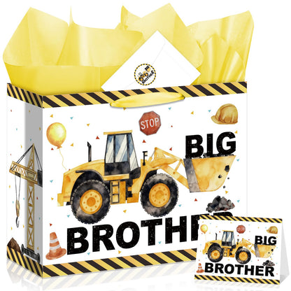 Big Brother Gift Bag for Boys Big Bro Birthday Gift Bag with Wrapping Paper Card Sticker Envelope Construction Gifts for Little Boy Son Grandson Nephew New Baby Birthday Party Decorations Supplies