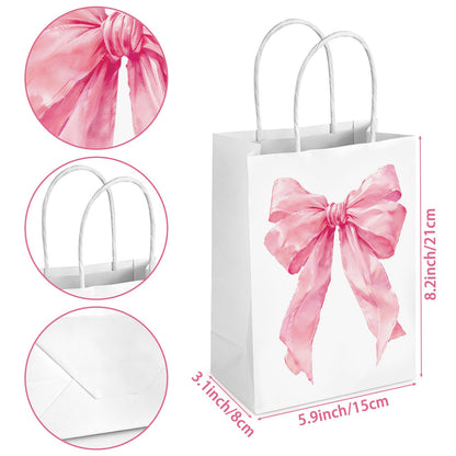 Hxezoc 12 Pieces Pink Bow Gift Bags with Handle, Paper Treat Candy Bag Girly Bow Favor Bags for Bow Theme Bachelorette Party Birthday Party Decoration Supplies