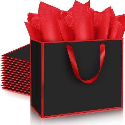 ReliThick 12 Pack Metallic Paper Gift Bag with Handles and Tissue Paper 11.8 x 10 x 4'' Thank You Favor Bag for Graduation Mother's Day Wedding Bridesmaid Groomsman 5 Senses Gifts (Black,Red)
