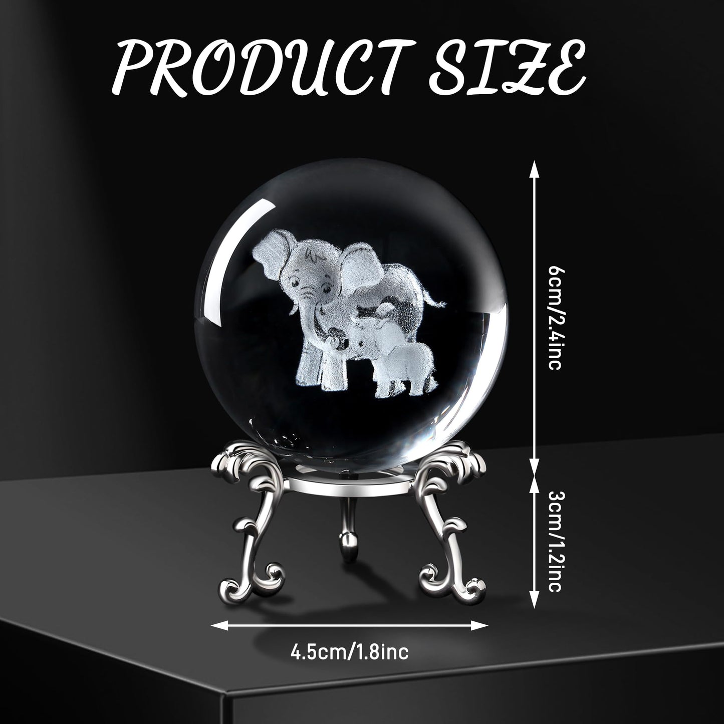 MAIBAOTA Elephant Gifts for Women Mothers Day Birthday Gifts for Mom 3D Crystal Elephant Decor Figurines 60mm Glass Laser Ball Paperweight with Stand Glass Sphere