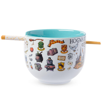 Silver Buffalo Harry Potter Icons Ceramic Ramen Noodle Rice Bowl with Chopsticks, Microwave Safe, 20 Ounces