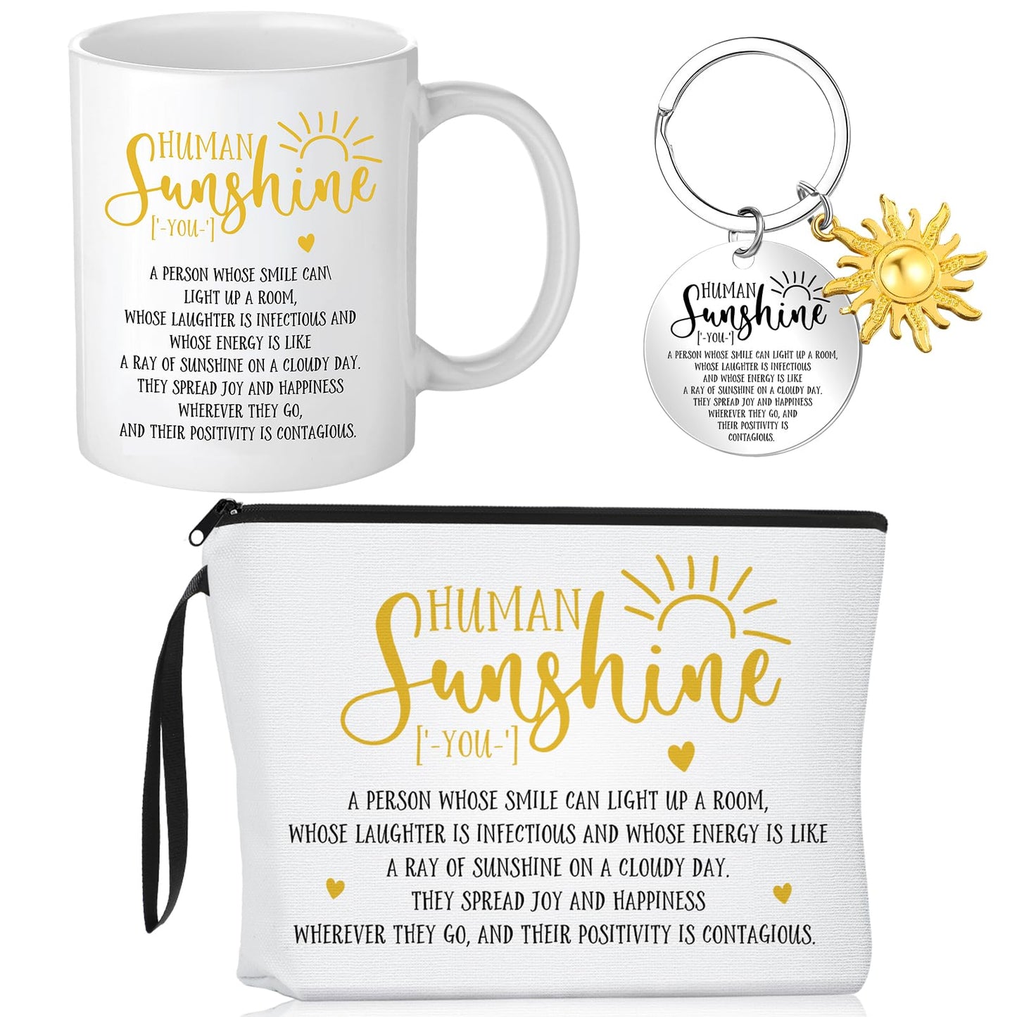 Crtiin 3pcs Human Sunshine Makeup Bag Gifts Sets Inspirational Thank You Gifts for Woman Human Sunshine Makeup Bag 11.2 oz Novelty Coffee Mug Keychain Christmas Birthday Coworker