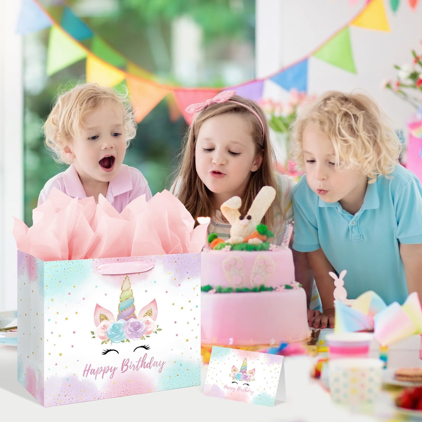 16.5" Large Unicorn Birthday Gift Bag with Card and Tissue Paper for Baby Girls and Kids Birthday (16.5 inch Pink)