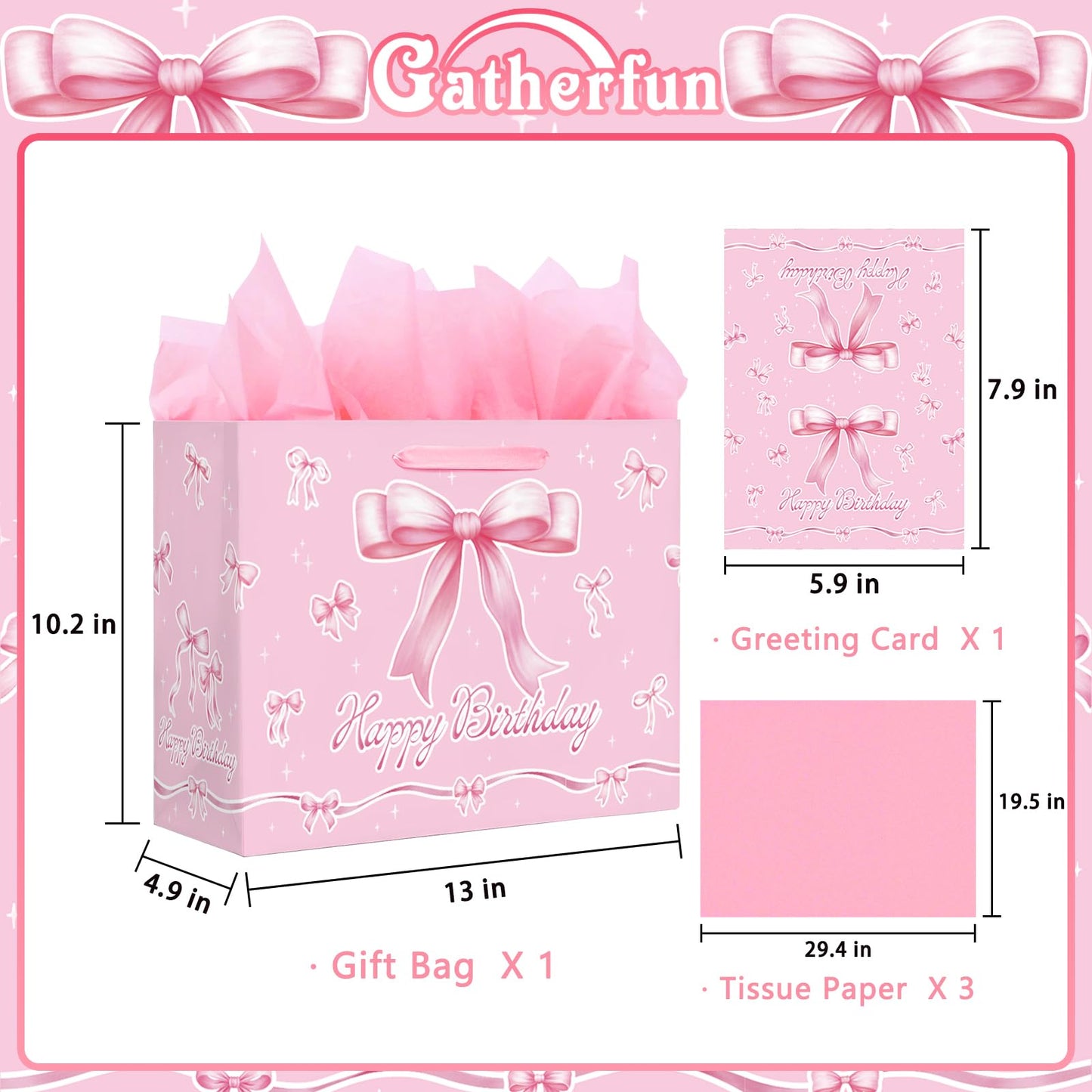 Happy Birthday Gift Bag with Card & Tissue Paper - Pink Bow Party Favor Birthday Bag for Kids, Medium Size 13x10.2x4.9 Inches, Ideal for Birthday Decorations