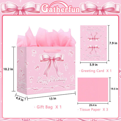 Happy Birthday Gift Bag with Card & Tissue Paper - Pink Bow Party Favor Birthday Bag for Kids, Medium Size 13x10.2x4.9 Inches, Ideal for Birthday Decorations