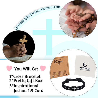 Artlunar Christian Easter Basket Stuffers for Teens Men Women Bible Verse Joshua 1:9 Cross Bracelet Braided Rope Adjustable Bracelet Baptism Confirmation First Communion Gifts