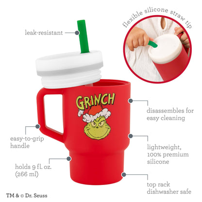 Infantino My 1st Tumbler, 9 Oz. Silicone Sippy Cup with Straw & Handle, Spill-Resistant Baby Cup for On-the-Go, BPA-Free Transition Bottle, Red Grinch