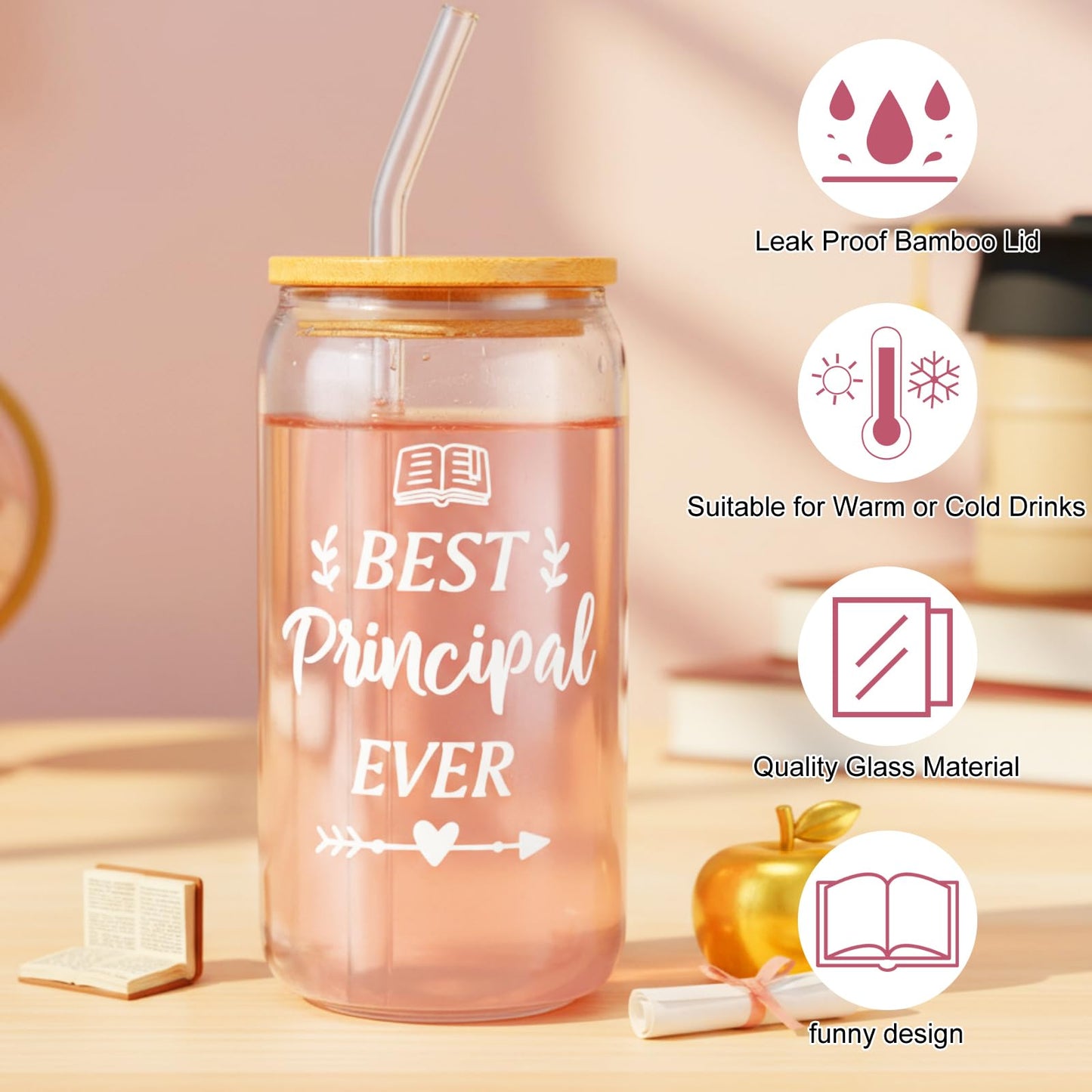 Vesici 6 Pcs Principal Appreciation Gifts for Men Women Best Principal Ever Glass Tumbler Inspirational Leather Notebook Pen Bracelet Gift Bag for Graduation Birthday Retirement(Pink)