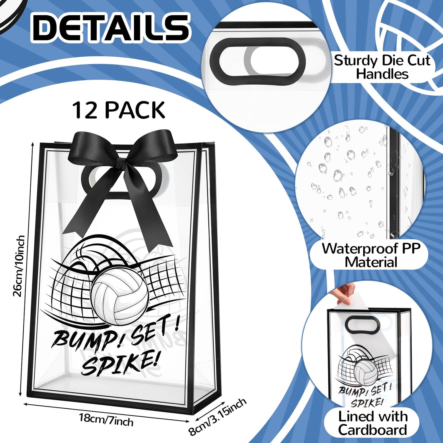 Aliceset 12 Pcs Volleyball Clear Goodie Bag with Die Cut Handles and Ribbons Sport Theme Party Favor Bags for Volleyball Team Snack Wrapping Teamer Gifts Birthday Party Treats Supplies, 7x10x3.15 Inch