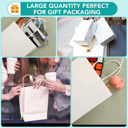 XPCARE 100Pcs Paper Gift Bags 5.25x3.25x8.25'', Small Paper Bags with Handles Bulk, Kraft Paper for Birthday Party Favors, Shopping, Retail White