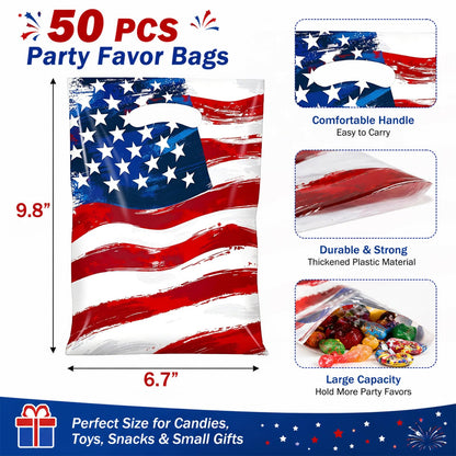 50 Pack American Flag Party Favor Bags, Patriotic Plastic Goodie Treat Gift Bags for 4th of July, Independence Day, Memorial Day, Veterans Day, USA Flag Candy Loot Bags, Patriotic Party Supplies