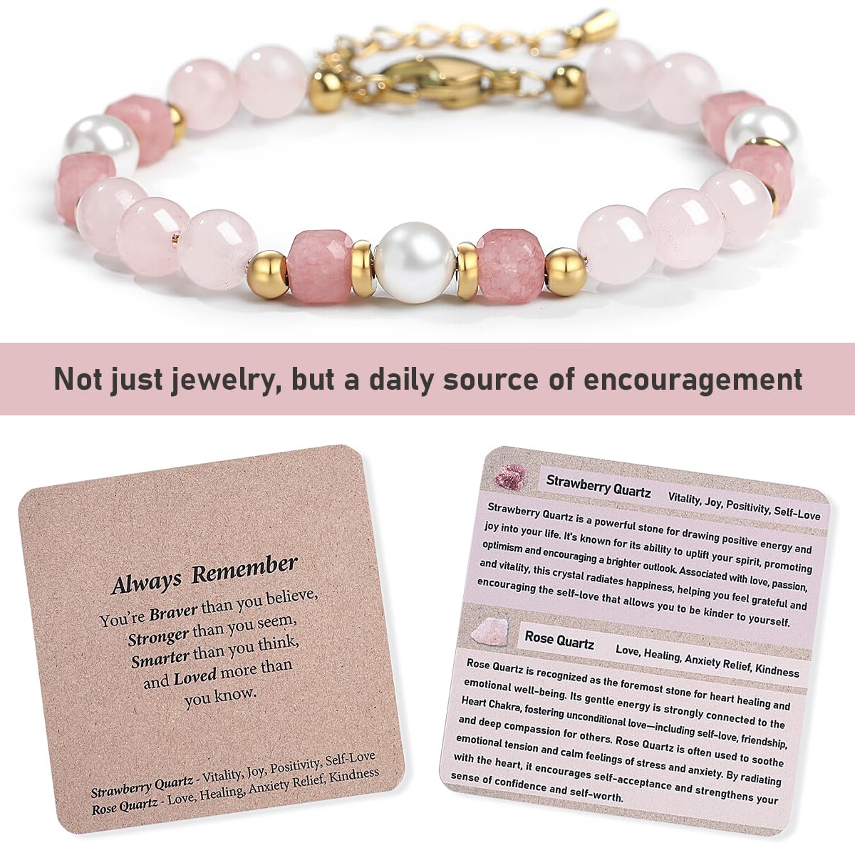 Quietsun Trendy Gifts for Her-Positive/Love/Joy Natural Crystal Bracelets for Girls/Teens/Adults-Adjustable/Handmade-Gift Box Packing