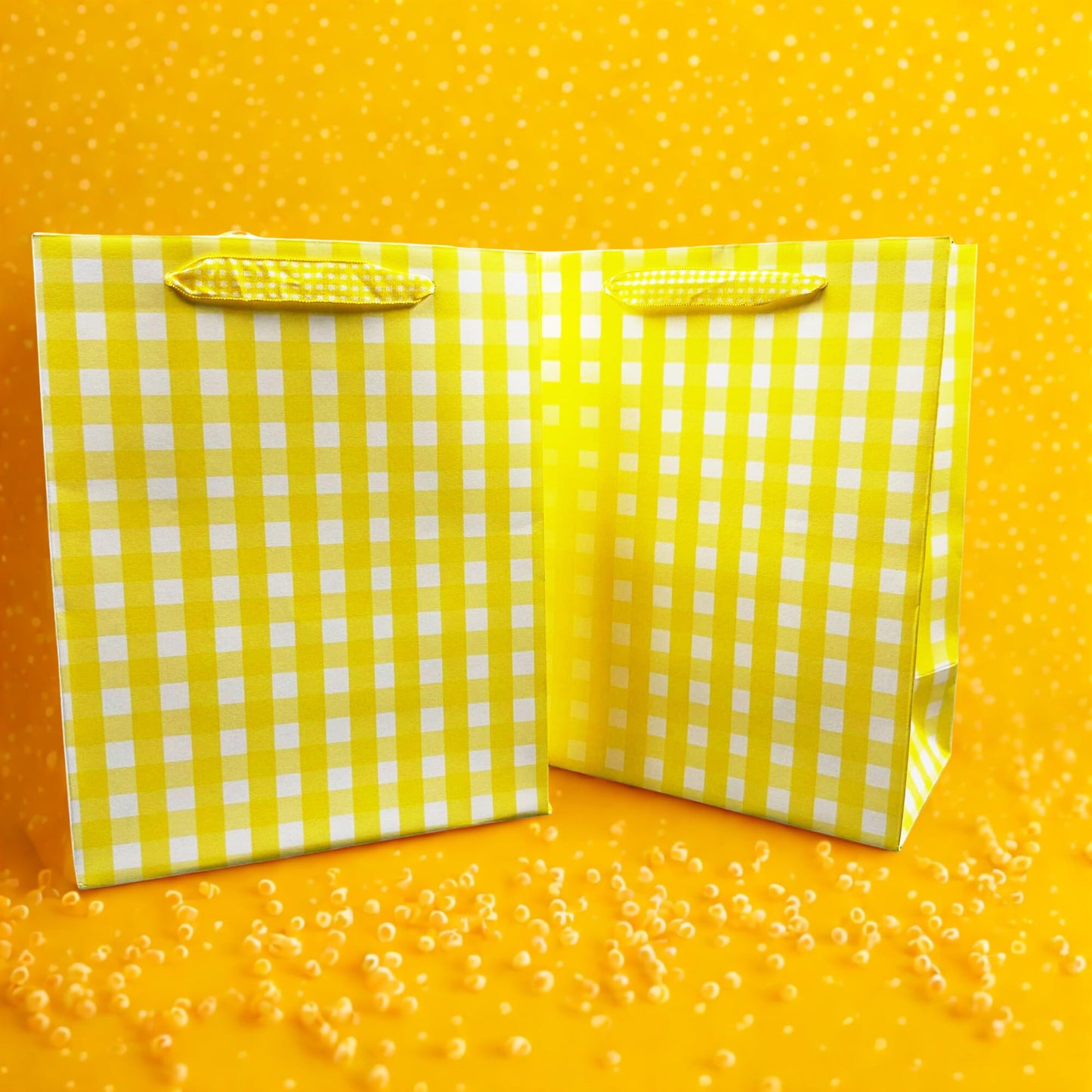 10-Pack 250g Kraft Paper Gift Bags with Checkered Pattern & Twine and tissues paper - Vintage Design, Grid Handle Bags for Wedding, Party Favors, Retail Packaging (9.1x7.1x3.9 Inches) (Yellow)