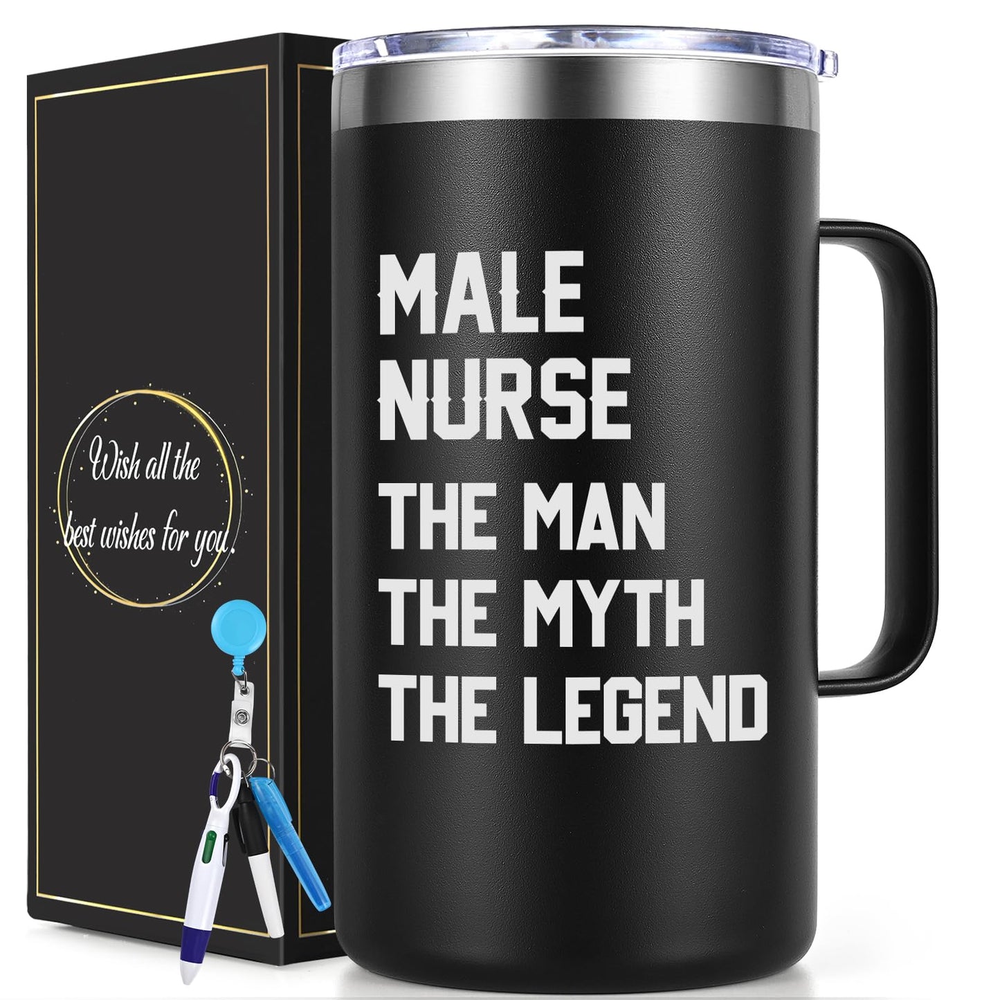 Lifecapido Male Nurse Gifts, The Man The Myth The Legend 20oz Stainless Steel Coffee Mug with Badge Reel Pen, Birthday Graduation Nurse Appreciation Gifts for Male Nurses, Black