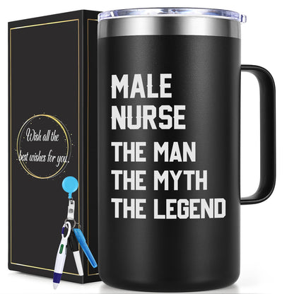 Lifecapido Male Nurse Gifts, The Man The Myth The Legend 20oz Stainless Steel Coffee Mug with Badge Reel Pen, Birthday Graduation Nurse Appreciation Gifts for Male Nurses, Black