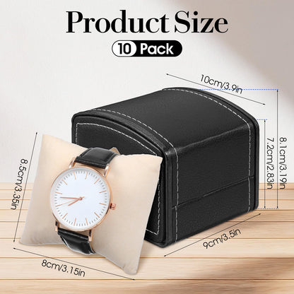 10 Packs Single Grid Watch Box with Pillow, PU Leather Gift Case for Bracelet, Jewelry Wristwatch Storage, Watches Display Holder for Men and Women, Single Watch Roll Organizer, Black