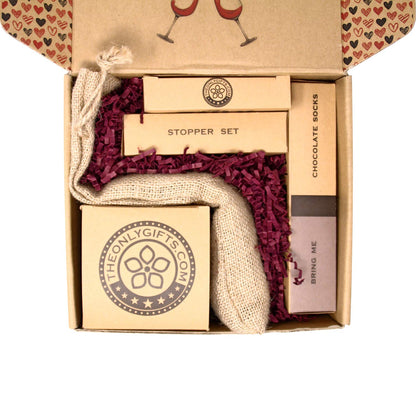 Wine Gift Basket - This Wine Gift Box Contains 13 Wine Gifts For Women - A Wine Basket with Funny Socks, Wine Stoppers, Wine Tote, Coasters and a Funny Wine Glass.