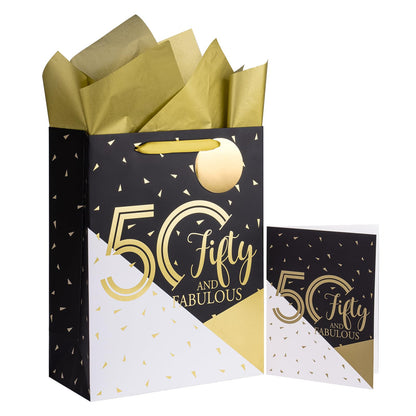 WRAPAHOLIC 13" Large 50th Birthday Gift Bag with Card and Tissue Paper - 50 Fifty and Fabulous