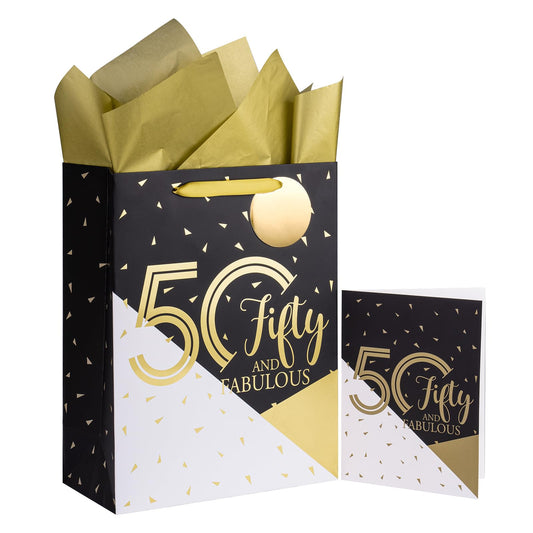 WRAPAHOLIC 13" Large 50th Birthday Gift Bag with Card and Tissue Paper - 50 Fifty and Fabulous