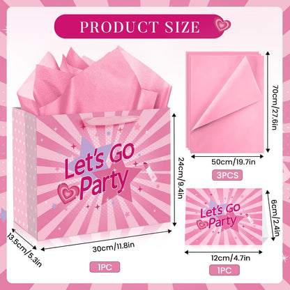Hot Pink Gift Bag Lets Go Party Supplies Valentines Pink Wrapping Bag with Greeting Card and Tissue Paper Bachelorette Party Decorations for Girls Princess Bridal Shower Birthday Party Supplies