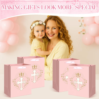 Humyoun 6 Pcs Pink Baptism Christian Religious Gift Bags with Cross Design Bulk 10.6 x8.2 x5.5 First Communion Baptism Confirmation Gift Bag for Baby Wedding Easter Clergy Day