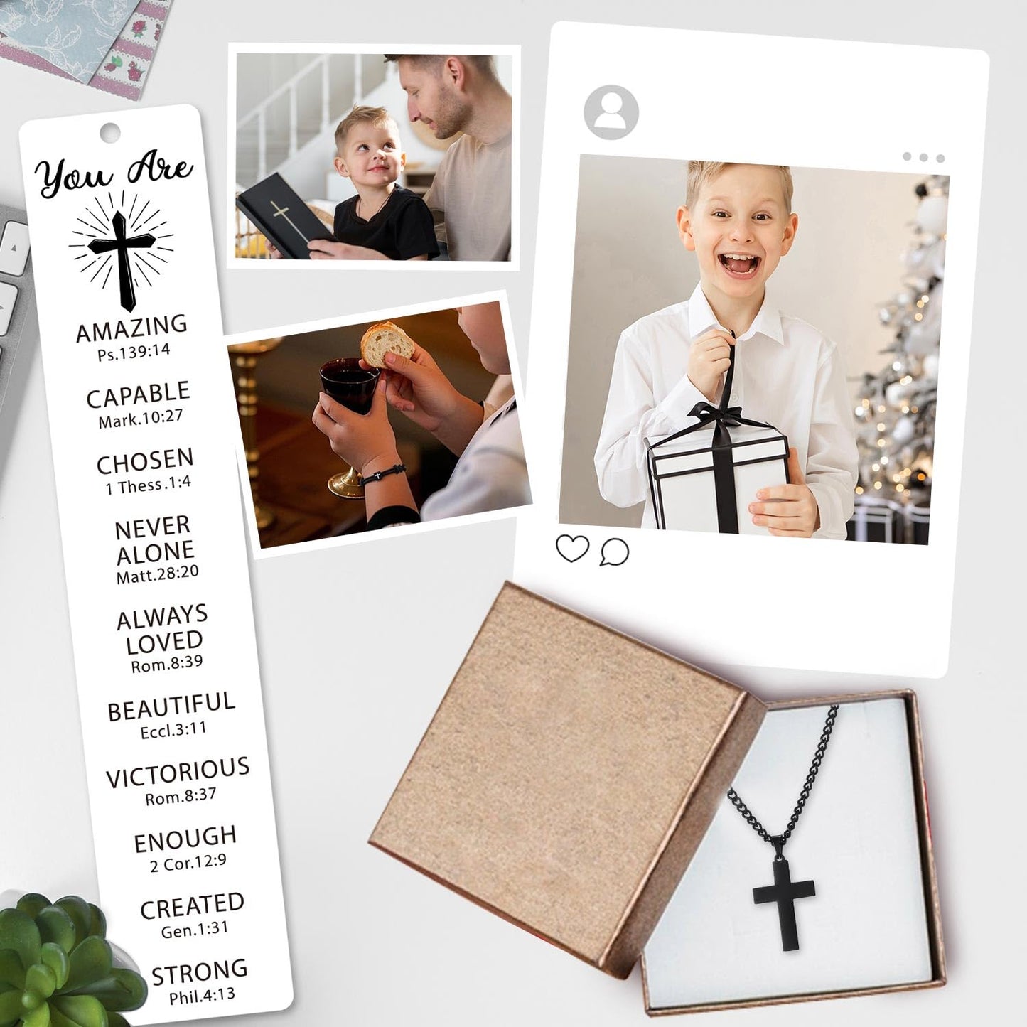 First Communion Gifts for Boys Catholic Set First Holy Communion Gifts with Cross Necklace Bracelets Bookmark Card for Ceremony Keepsake and Daily Faith Reminder