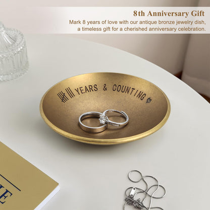 Urllinz Bronze 8 Year Anniversary Wedding Gifts - 8th Anniversary Jewelry Tray for Him Men Wife Couple, Bronze Ring Holder Dish & Card & Gift Box, 4"