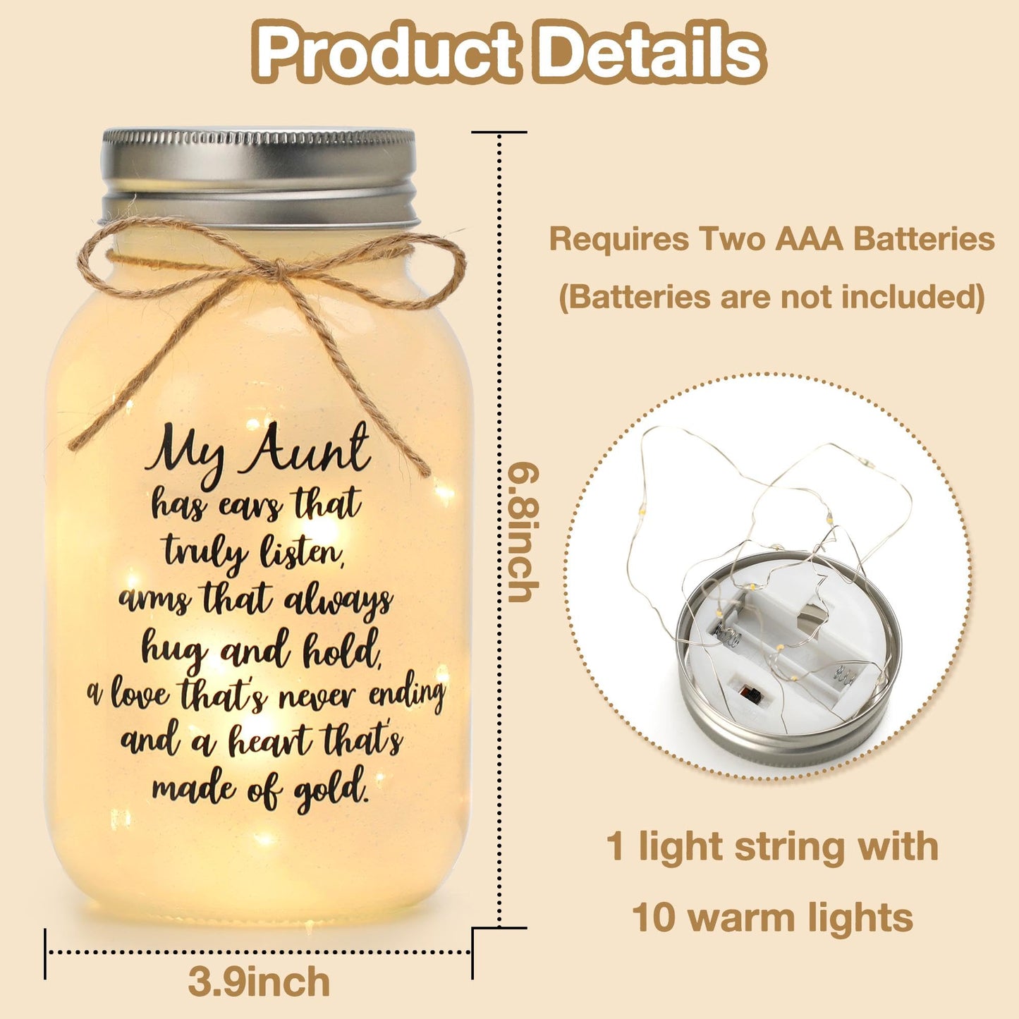 Maracco Mothers Day Aunt Gifts from Niece Nephew, Mason Jar Night Lights Birthday Gifts for Aunts, Auntie Gift Ideas, Best Aunt Ever Gift, Great Favorite Auntie Mason Jar (30oz)