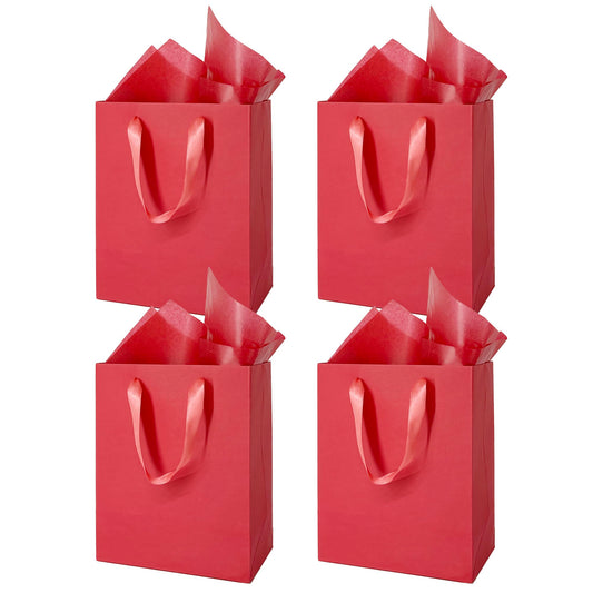 MOXARYSU 4 Pcs Medium Red Gift Bags: 8x5x10 Inches Gift bags With Handles Party Favor Bags With 8 Tissue Paper For Party,Birthday,Baby Shower,Wedding（Red）