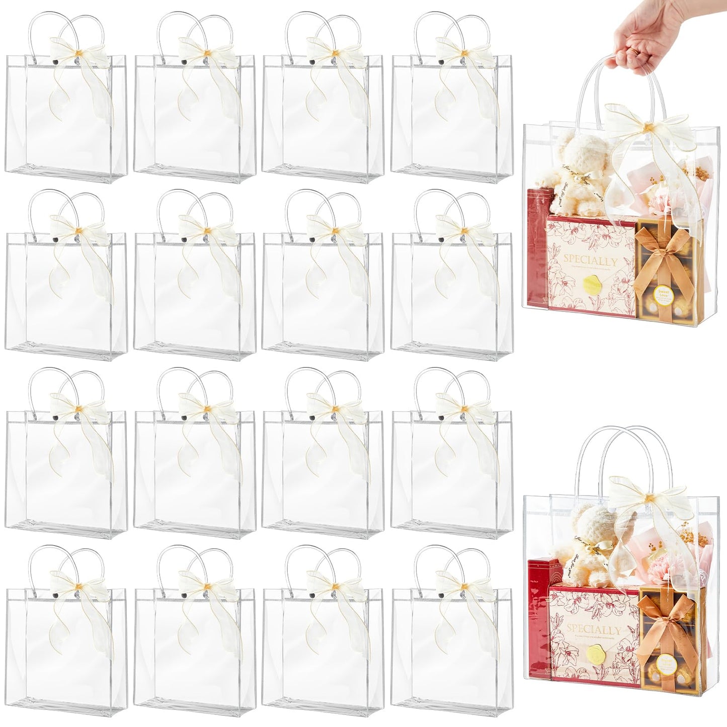 Ohuimrt 20 PCS Clear Plastic Gift Bags with Handles, 9.84 x 9.84 x 3.54 Inches Reusable Party Favor Bags with Ribbon Transparent Gift Wrap Bags Bulk for Weddings Birthdays