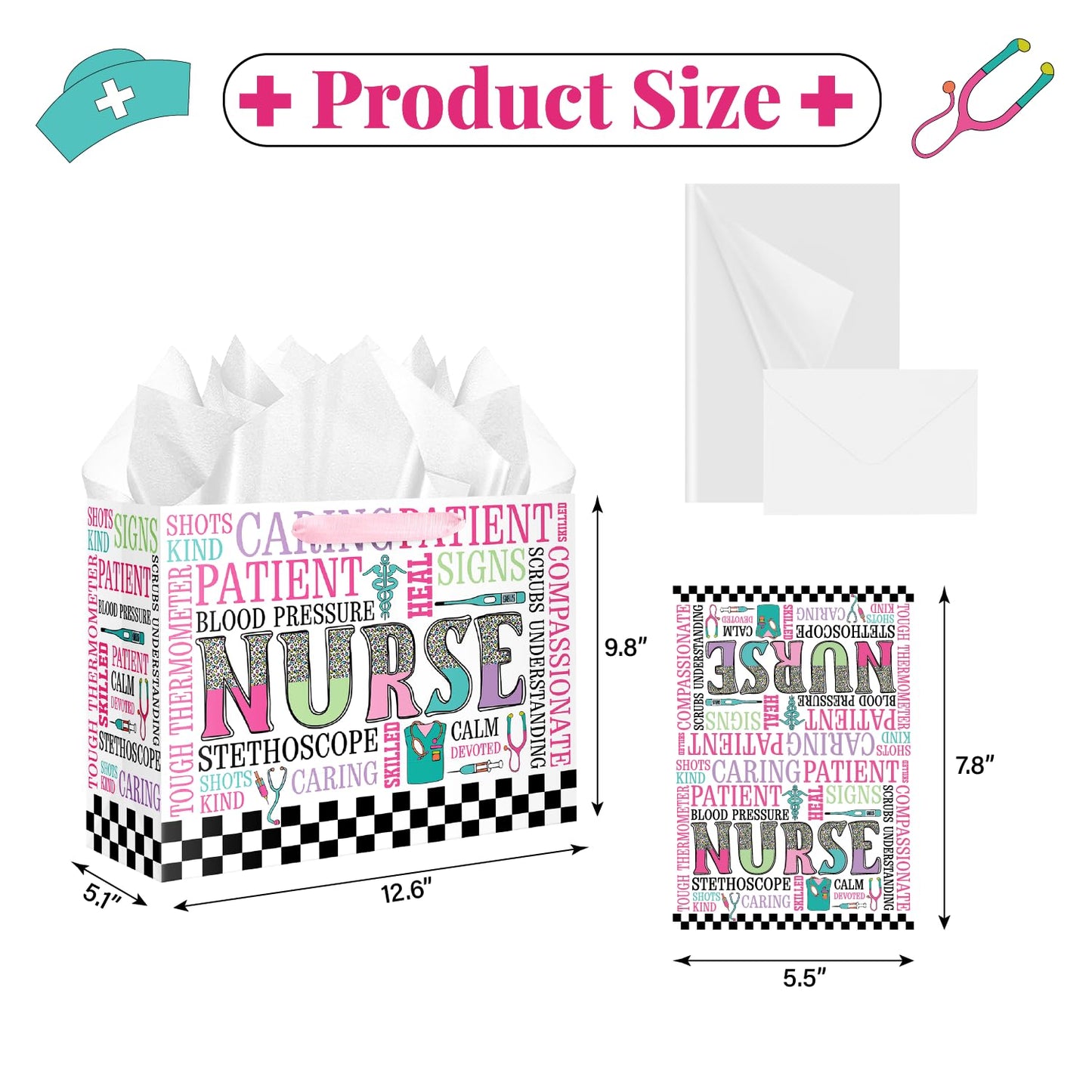 JWSCYSY Nurse Graduation Gift Bag with Card and Tissue Paper, Large Nurse Gift Bag for Nurses Day, Medical School Graduates Healthcare Workers.