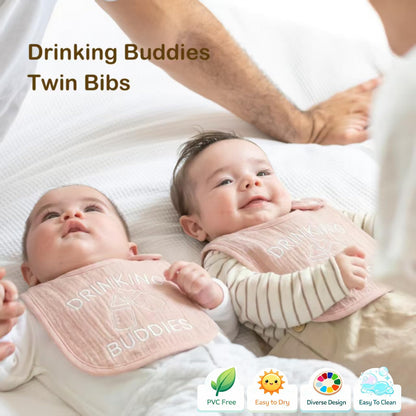 Twin Bibs – Ultra-Soft Cotton Yarn Twin Baby Bibs - 'Drinking Buddies' Design, High Absorbency, Perfect Infant Gift
