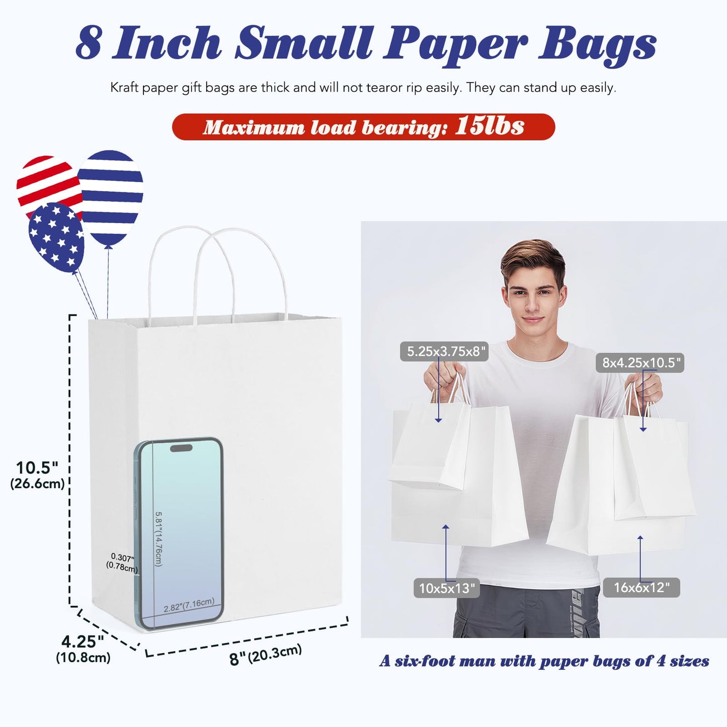 GSSUSA White Paper Bags 8X4.25X10.5 20Pcs, Gift Paper Bag with Handles Bulk, Graduation Gift, Sturdy Kraft Paper, Retail Shopping Bags, Party Favor, Christmas
