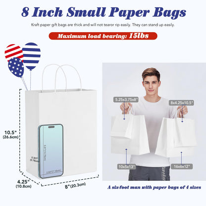 GSSUSA White Paper Bags 8X4.25X10.5 20Pcs, Gift Paper Bag with Handles Bulk, Graduation Gift, Sturdy Kraft Paper, Retail Shopping Bags, Party Favor, Christmas