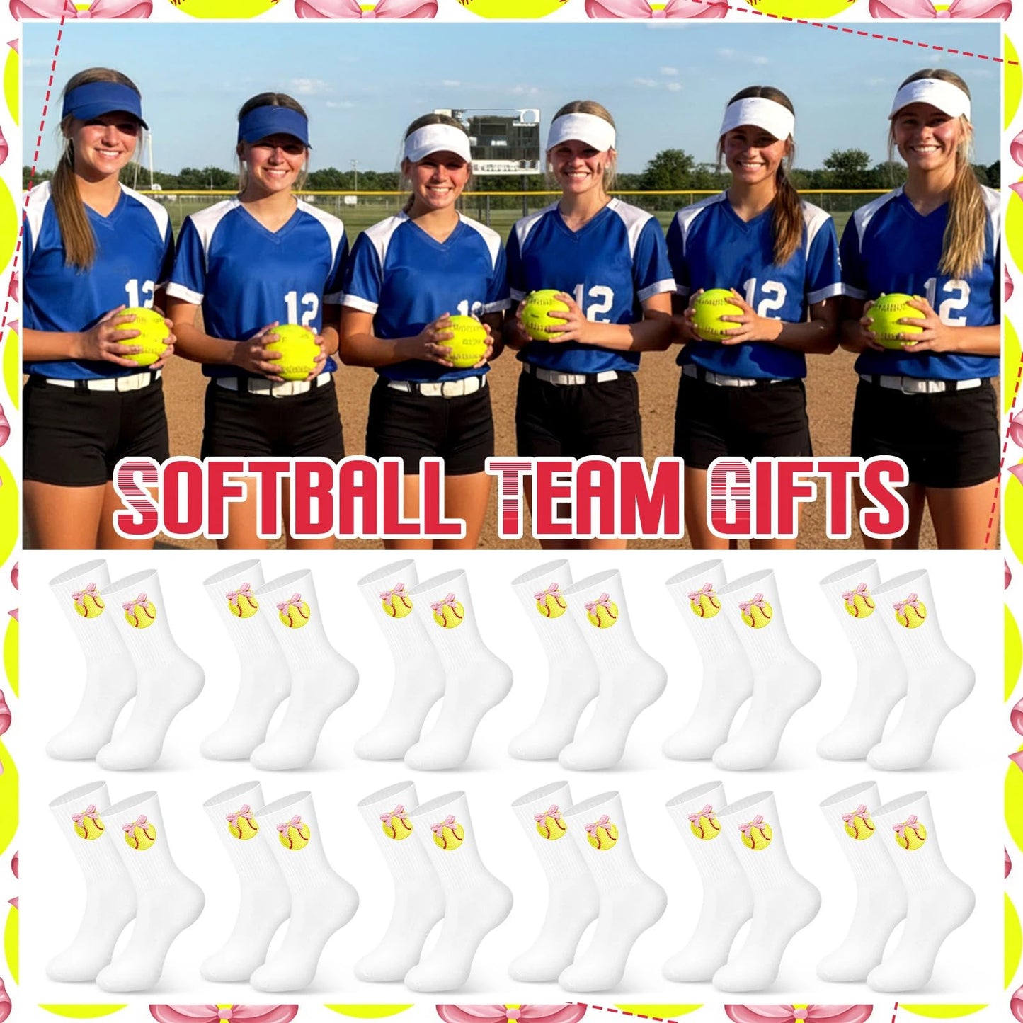 Glitopper 12 Pairs Team Socks Gifts Bulk for Women, Pink Bow Softball Embroidered Socks Gifts Bulk for Women Girls