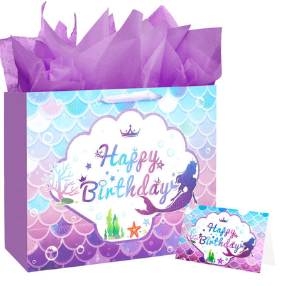 CIEHER Birthday Gift Bags for Girls with Mermaid Greeting Card and Purple Tissue Papers for Birthday Gifts - Mermaid Pattern