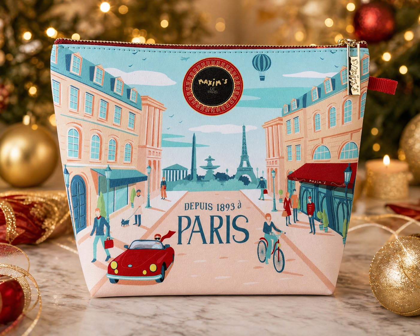 Maxim's de Paris French Gift Set - Bonjour Paris Pouch with Chocolate, Nougat, Strawberry Jam, Eiffel Tower Tin & Mini Collectible Tins | Premium French Gift Box, Made in France