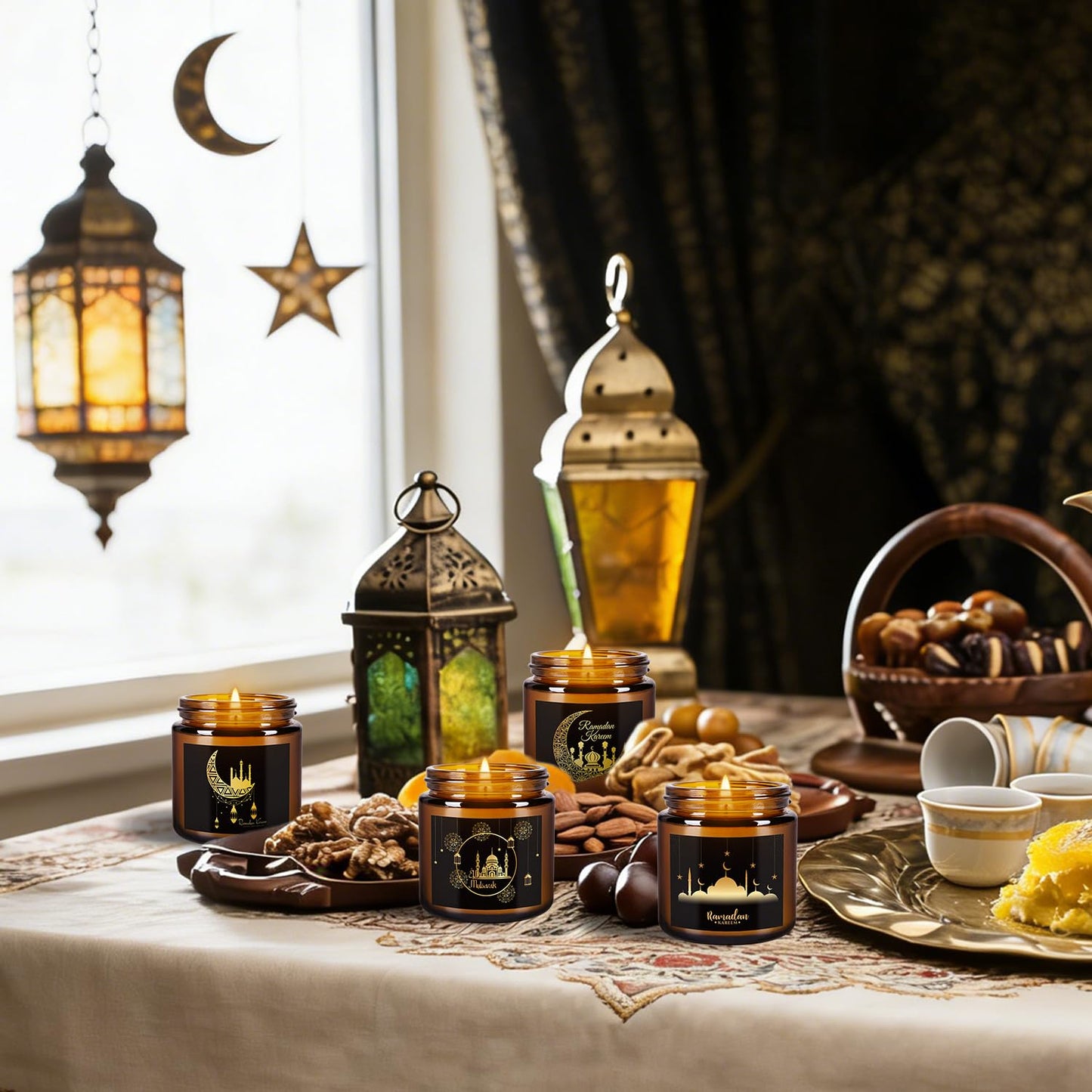 12 Pcs Ramadan Mubarak Scented Candle Set - Eid Candles for Home Decor, Aromatherapy Islamic Gifts for Women & Family, Mosque-Inspired Jar with Islamic Lanterns & Stars, Brown Soy Wax