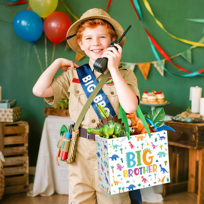 Big Brother Gift Bag for Boys, Cute Big Bro Gift Bag with Tissue Paper and Greeting Card Green Wrapping Paper Cartoon Dinosaur New Brother Party Decoration for Little Boy Birthday Party Supplies