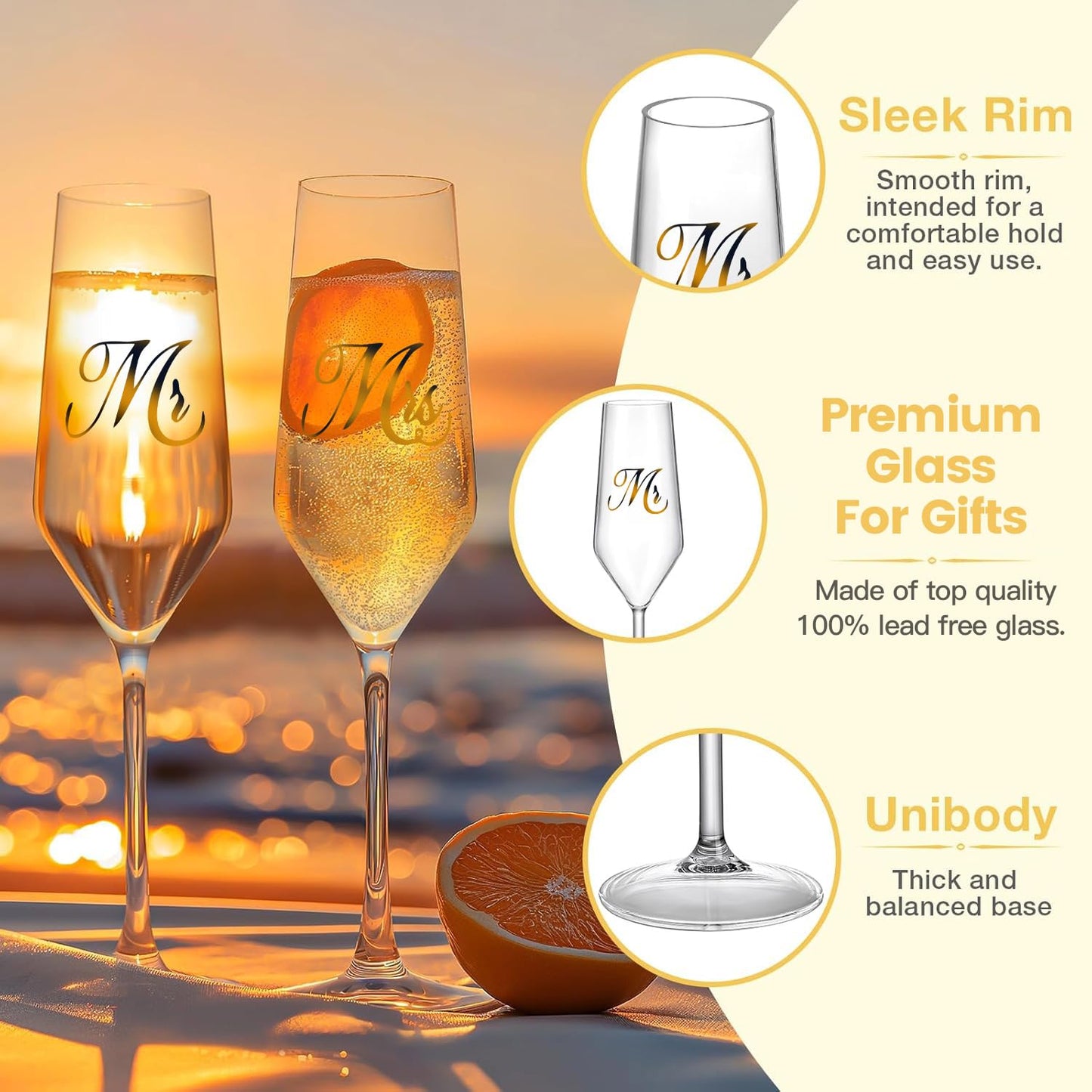 Mfacoy Mr. & Mrs. Champagne Flute Set, Wedding Decor - His and Hers, Wedding Toasting Glasses for Engagement Celebrations, Bridal Shower and Registry Idea, Tall Wine Glasses for Bride and Groom Gifts
