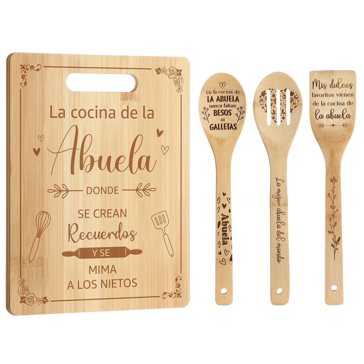 Maxdot 4 Pieces Mother's Day Spanish Gifts for Abuela Laser Engraved Bamboo Cutting Board Engraved Bamboo Cooking Board Gift Set for Grandma Mom from Daughter Grandchildren